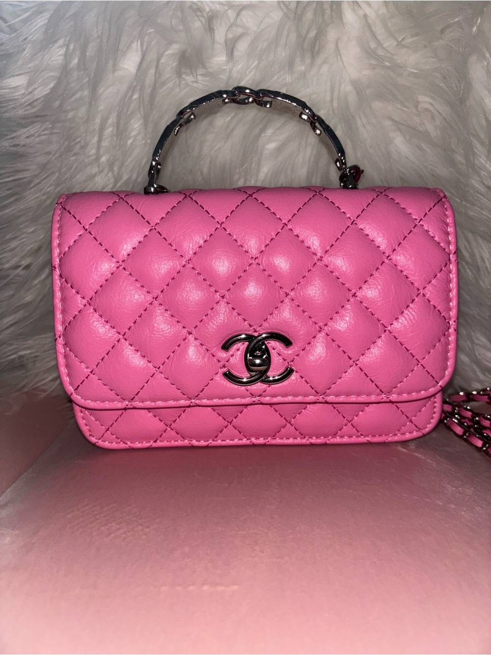 Classic Pink Quilted Mini Top-Handle Bag with Silver Hardware